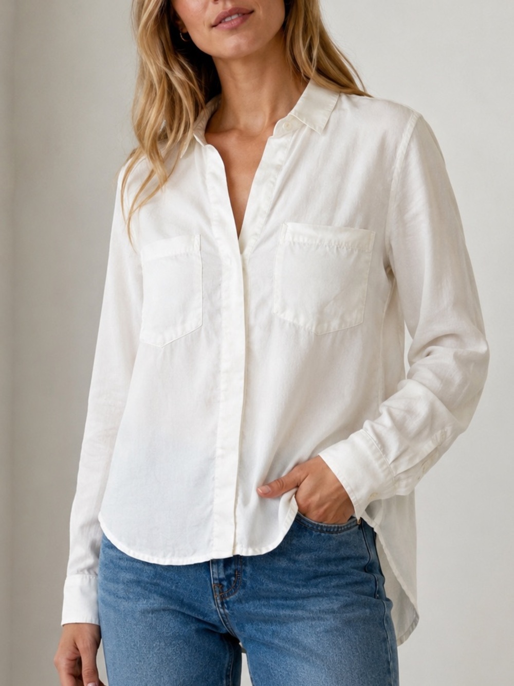Bella Dahl White 100% Tencel Two Pocket High Low Button Down Coastal Shirt